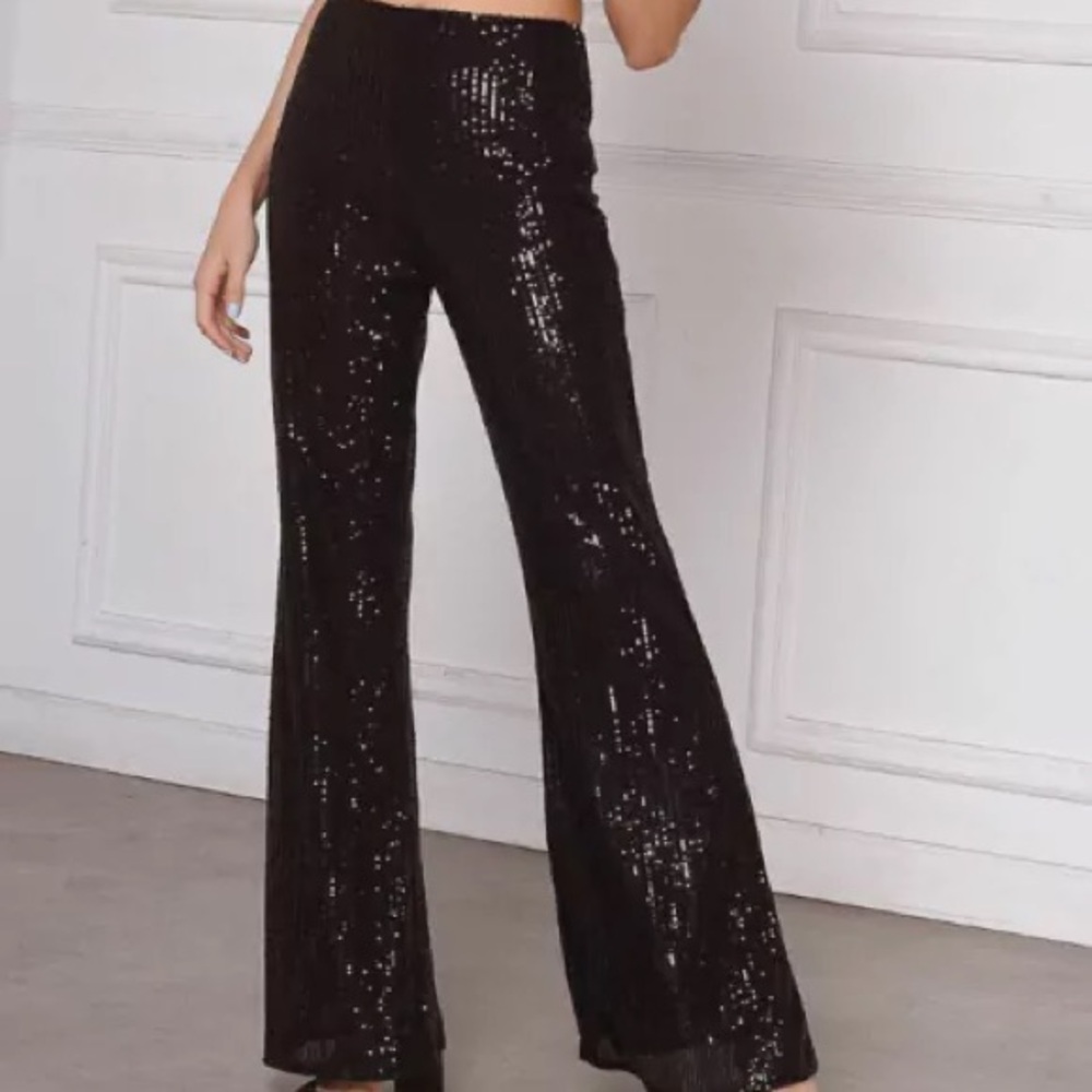 SHEIN Black Sequin Party Pants – Wide Leg – Size M (See Measurements)